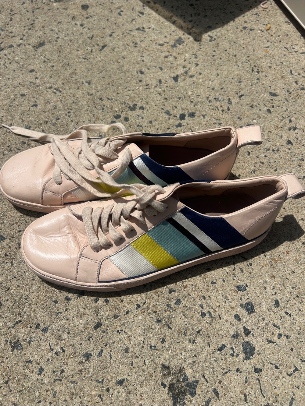 Women’s Blush Pink Leather Fashion Sneakers with Multicolor Stripe